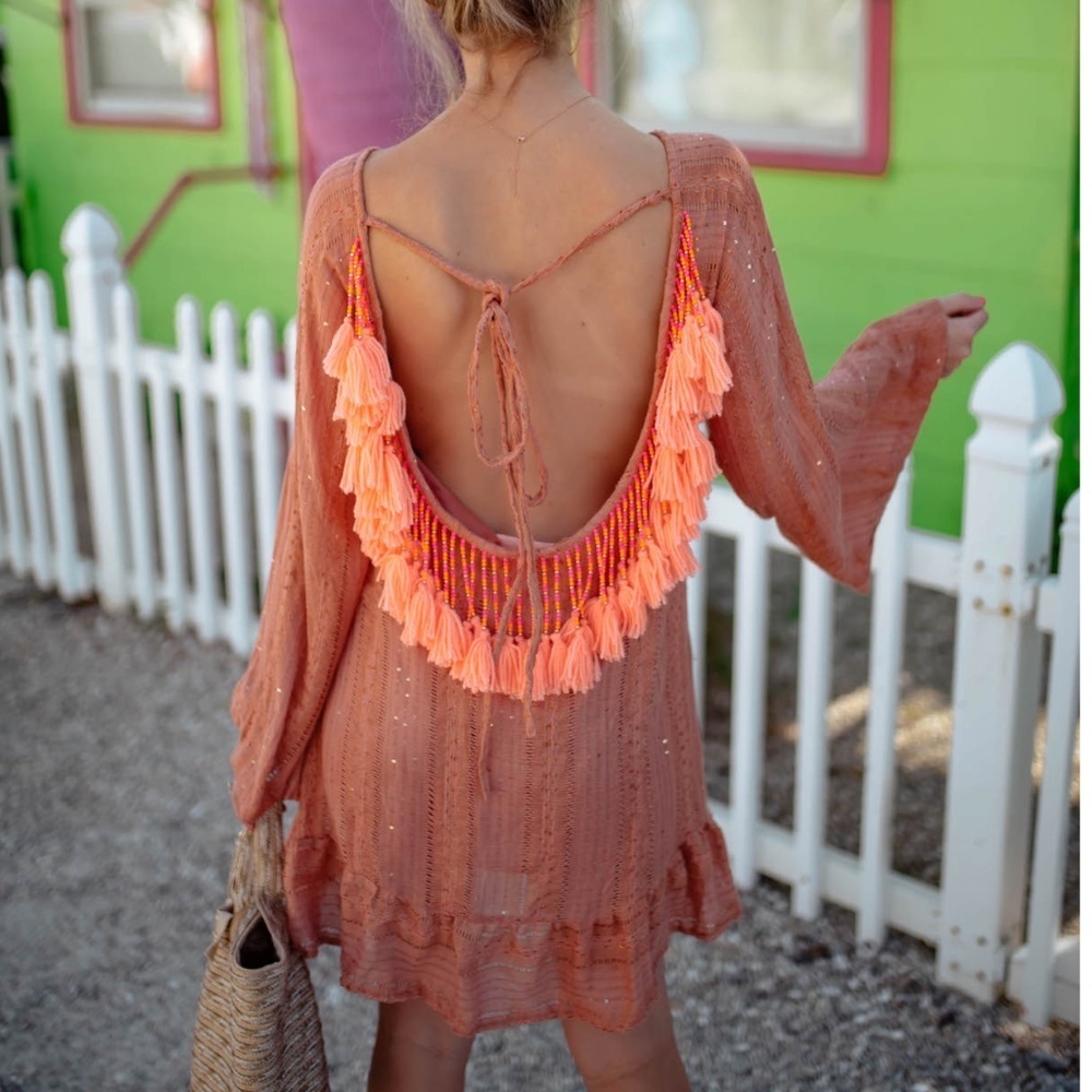 Sundress Indiana Basic Dress fringe tassel beaded size medium large orange